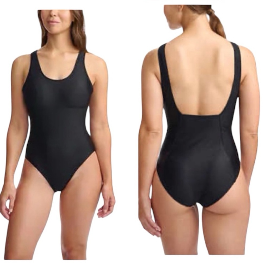 Lole NEW Athletic Round High Cut 1 Piece Swimsuit Straps Sport Black Minimal 16